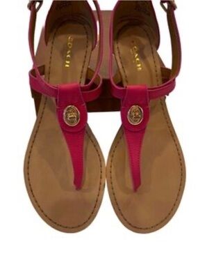 Coach Women's Hot Pink Leather T-Strap Sandals with Gold Medallion